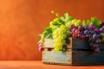 Obraz premium A wooden crate overflowing with colorful grapes and green leaves sits on a wooden surface against an orange background.