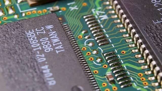 View of a part of an electronic printed circuit board with components and a microcircuit, video macro shooting