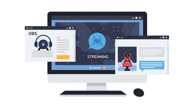 Live Streaming Software Interface on Desktop Monitor Flat Vector Illustration with OBS Windows and Chat Components