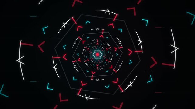 Futuristic neon HUD tunnel background with glowing red and blue geometric shapes rotating in dark sp