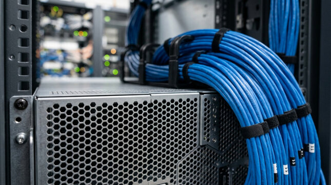 Blue network cables organized in server rack, data center infrastructure