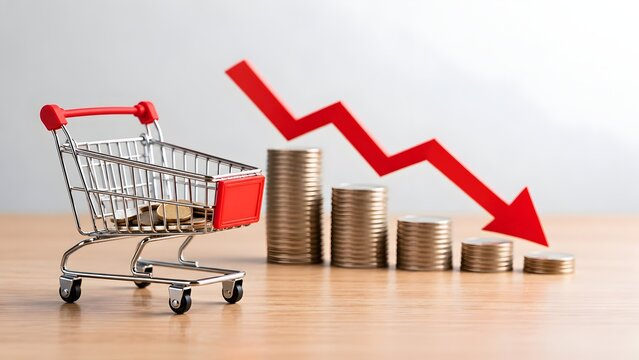 Miniature shopping cart next to a stack of coins and a downward pointing red arrow indicating financial loss or inflation