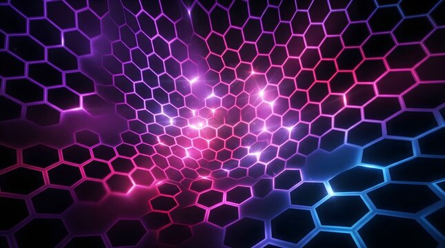 Abstract background featuring glowing hexagonal grid structure with pink and blue