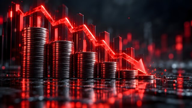 Glowing red downward arrow striking through stacks of coins indicating severe economic recession and stock market crash