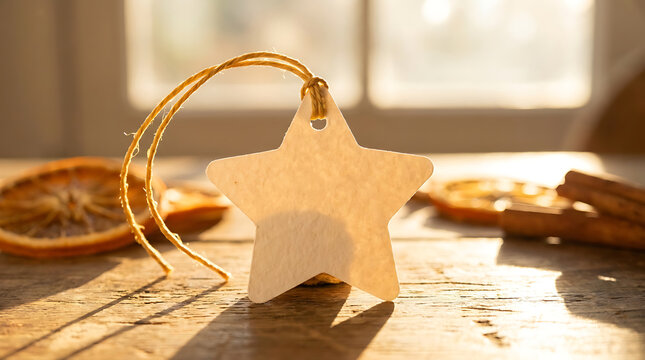 A single blank starshaped paper gift tag hanging with twine, surrounded by dried orange slices and cinnamon sticks on a rustic wooden table