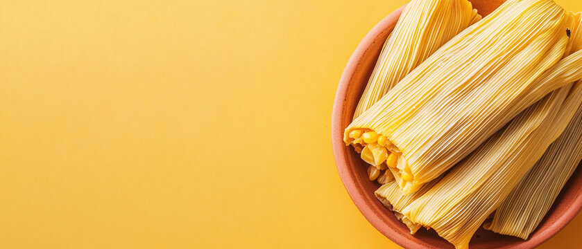 Delicious homemade traditional corn tamales wrapped in husks served inside a rustic clay bowl on a vibrant yellow background with generous copy space for culinary projects and festive holiday dining m