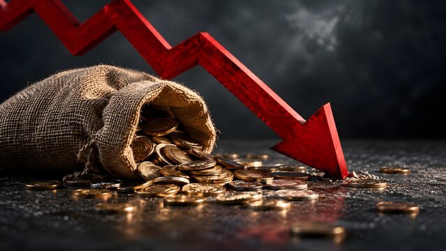 Massive red downward arrow crashing into a spilled bag of gold coins representing severe financial ruin and economic collapse