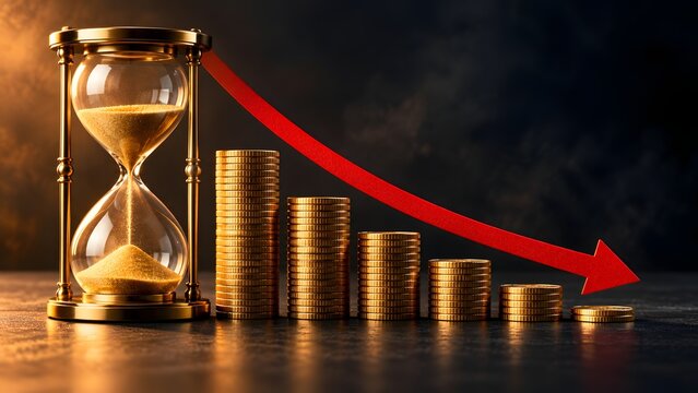 Hourglass next to decreasing stacks of gold coins and a red downward arrow symbolizing financial loss over time and economic recession