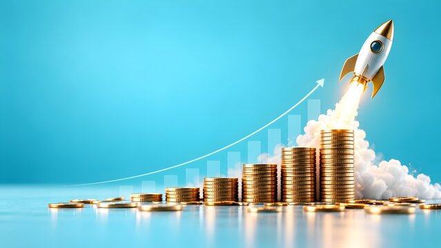 Silver and gold rocket launching over increasing stacks of coins with an upward arrow indicating rapid financial growth and successful startup