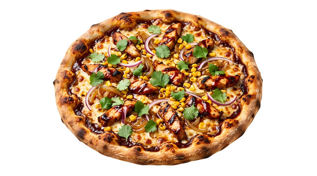 Barbecue chicken pizza with corn red onion cilantro and mozzarella cheese on crust.