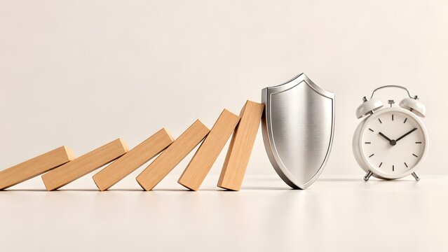 Silver shield stopping a falling row of wooden dominoes beside a clock representing business protection risk management and crisis prevention