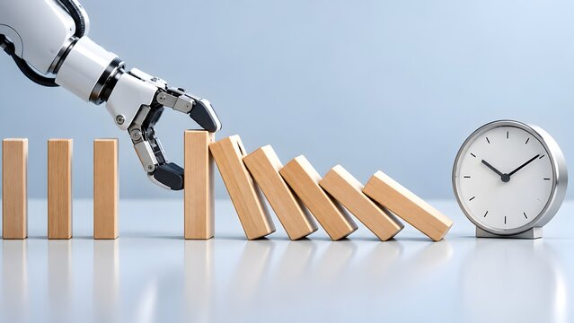 Robotic arm intervening to stop falling domino blocks next to a clock symbolizing automated risk management and technological crisis prevention
