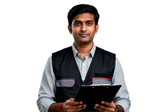 Composed Indian professional man in a sharp black vest over a striped shirt, holding a black clipboard, a transparent background cutout