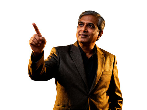 Indian professional, dark textured blazer, pointing upwards with pensive gaze, warm golden light, isolated on transparent, perfect for business