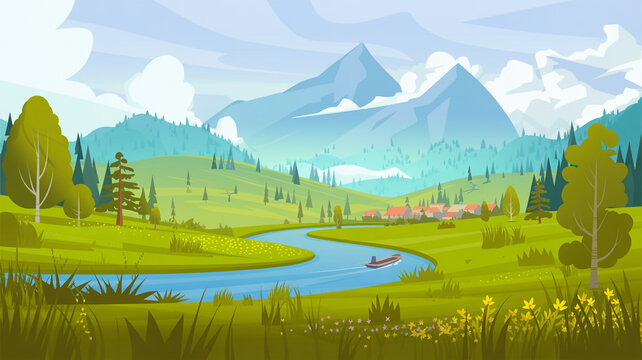 Vibrant mountain valley landscape with winding river and remote village in vector art style