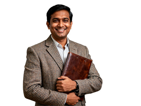 Indian professional, confident, warm smile, textured brown tweed blazer, sleek dark leather portfolio, isolated transparent background