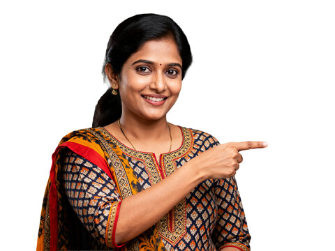 Isolated smiling Indian woman, goldenrod and navy patterned salwar kameez, pointing right, welcoming gesture on transparent background