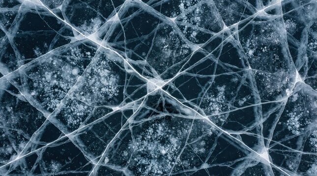 Detailed close up of frozen lake ice showing sharp angular cracks and dense air bubbles trapped within dark blue ice layers
