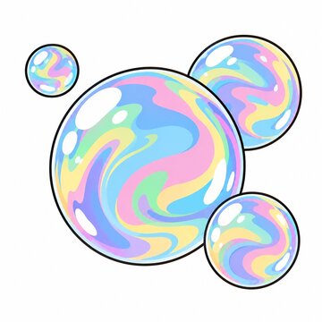 白い背景にパステルカラーの渦巻き模様が美しい複数のシャボン玉のイラスト