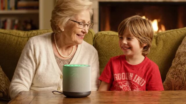 Older woman and young boy enjoy smart speaker together. Woman gestures toward device as lights change, and child smiles in relaxed living room with fireplace, creating friendly home atmosphere.
