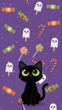 Black cat sitting against purple background with falling Halloween candy and ghost pops