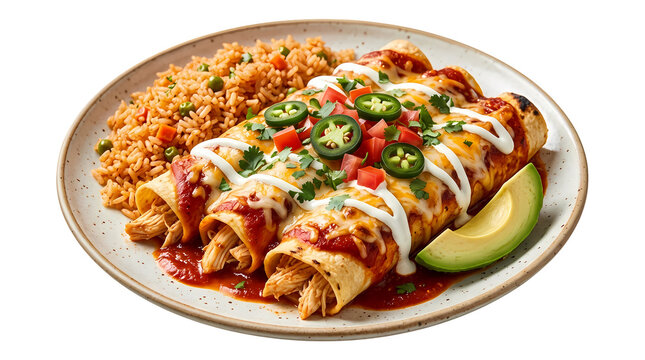 Chicken enchiladas with rice and avocado garnish covered in cheese and sauce topped with jalape&ntilde;os.