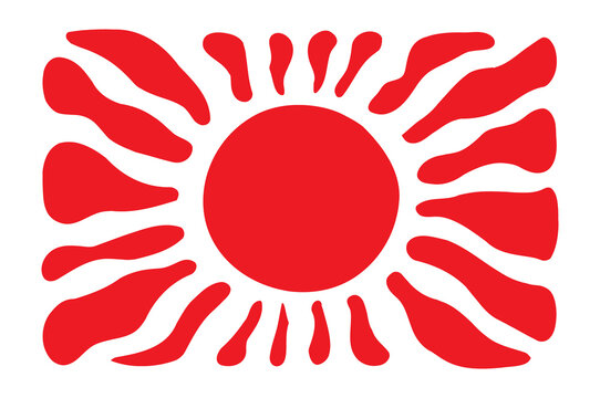 Red abstract sun with wavy flame rays isolated on white background. Bold organic sunburst circle in retro style for summer design. Modern decorative solar emblem ideal for posters and logos.