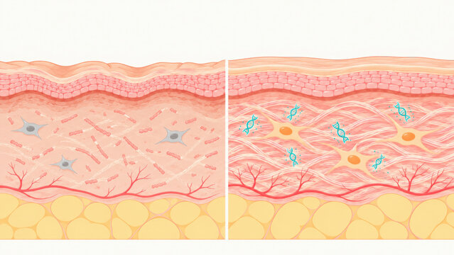 Skin tissue comparison showing pdrn effect with DNA strands and cell regeneration illustration