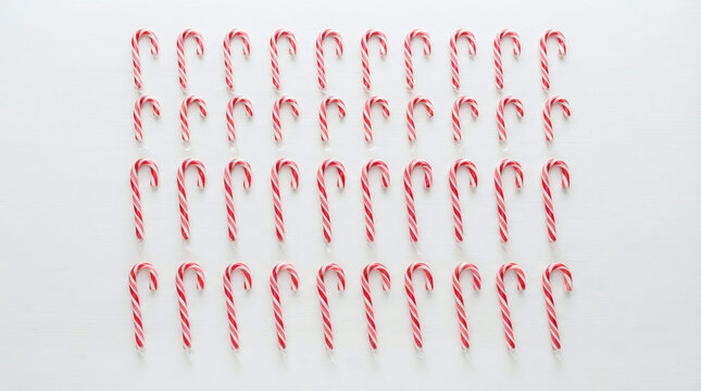 Rows of traditional red and white striped peppermint candy canes with sugar cane