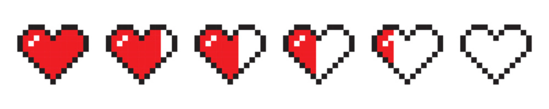 Set of Pixel Heart Health Bar Icons.