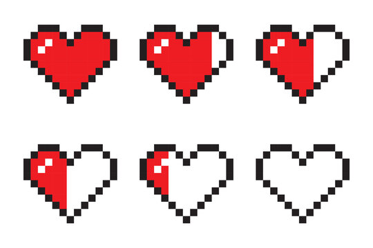 Set of Pixel Heart Health Bar Icons.