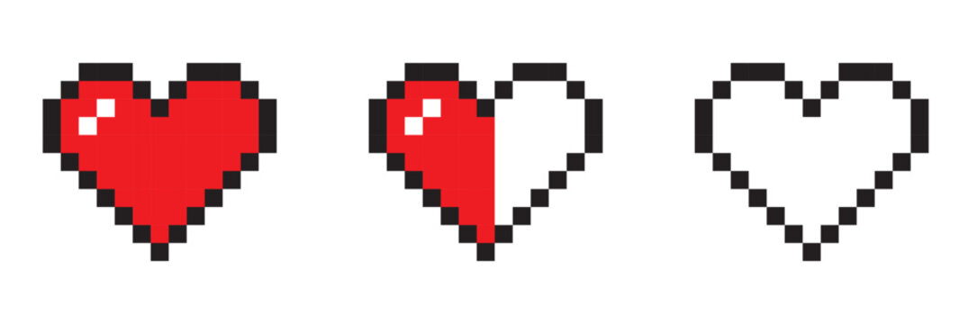 Set of Pixel Heart Health Bar Icons.