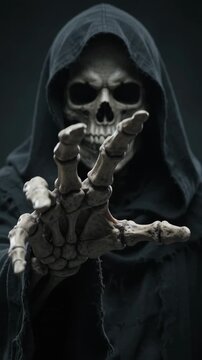 Grim reaper character with skull face and black hooded robe reaching forward, close up shot
