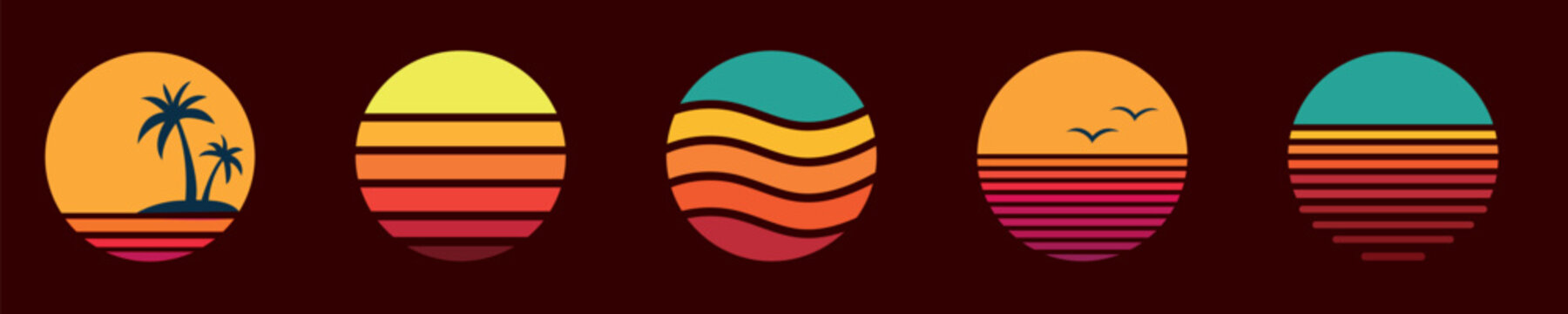 Set of Retro Sunset Landscape Icons.
