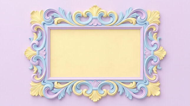 Decorative ornate picture frame with pastel yellow, blue, and purple rococo style carvings on a matching light purple background