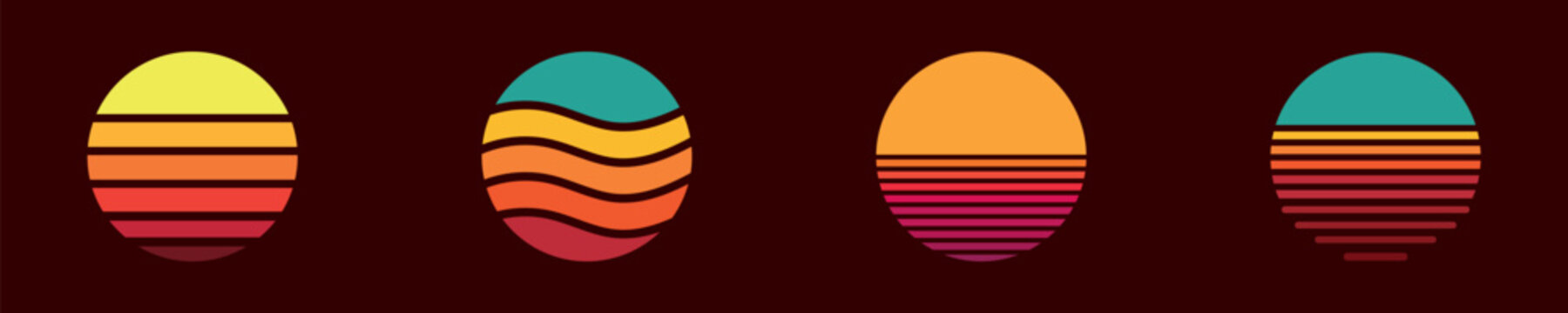 Set of Retro Striped Sunset Circle Icons.