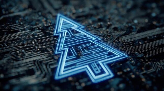 Pulsing blue neon Christmas tree circuit symbol with geometric internal pathways on dark PCB motherboard background (AI Generated)