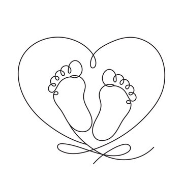 Baby Footprints in Heart One Line Drawing. Editable Line.