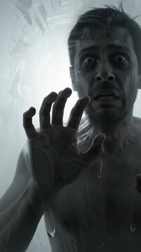 Man screaming behind frosted glass with hands pressed against surface, medium shot, interior