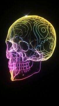 Rainbow gradient human skull outline with neon light effect against black background, still
