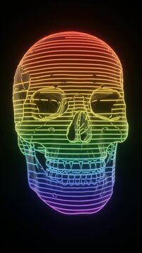 Rainbow gradient human skull with horizontal line pattern against black background, lock down