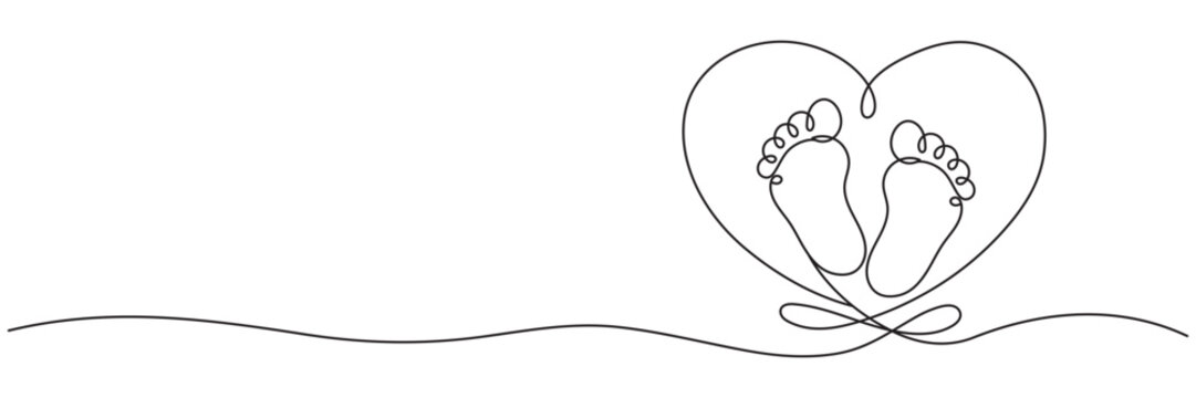 Baby Footprints in Heart One Line Drawing. Editable Line.