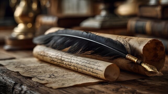 feather quill resting on rolled parchment with handwritten script