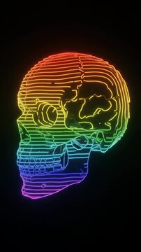 Rainbow human skull with horizontal line pattern rotating against black background, lock down