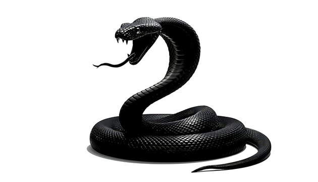 Highly detailed black venomous snake coiled in defensive striking pose, glossy black scales with realistic texture