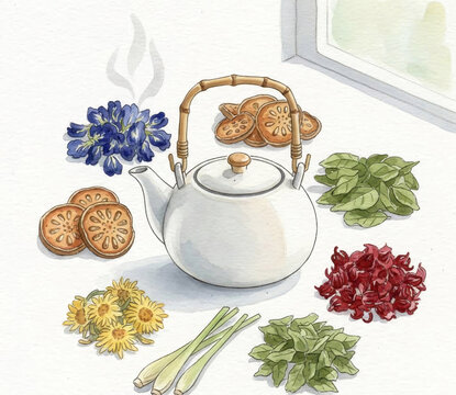still life with tea,Watercolor Herbal Tea Set Illustration, Ceramic Teapot with Bamboo Handle, Thai Herb Ingredients Clipart including Roselle Bael Fruit Lemongrass Butterfly Pea, Kitchen Wall Art Dig