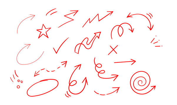 Hand drawn red arrow star check mark cross spiral and circle shapes forming a doodle collection on a plain white background