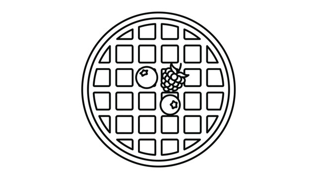 Waffle With Berries Outline: A simple, graphic illustration of a round waffle with a grid pattern, topped with two blueberries and a raspberry, presented in a clean outline style.