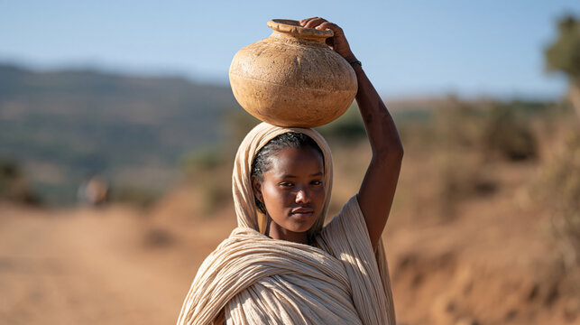 Ethiopian woman carrying a single clay water vessel on her head along a dirt path, essential daily task, purposeful movement, rural lifestyle, subsistence living, dignified labor,