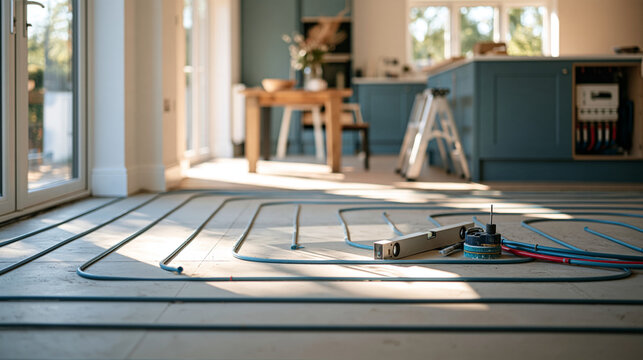 Underfloor heating pipe loops installed in neat sinusoidal pattern across concrete screed floor of open plan kitchen extension, manifold cabinet open on far wall, spirit level and